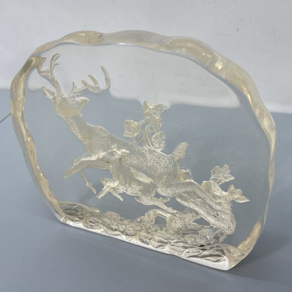 Vintage Deer Fawn Etched Sculpture Block Clear Lucite Acrylic Plastic Collection - Picture 8 of 13